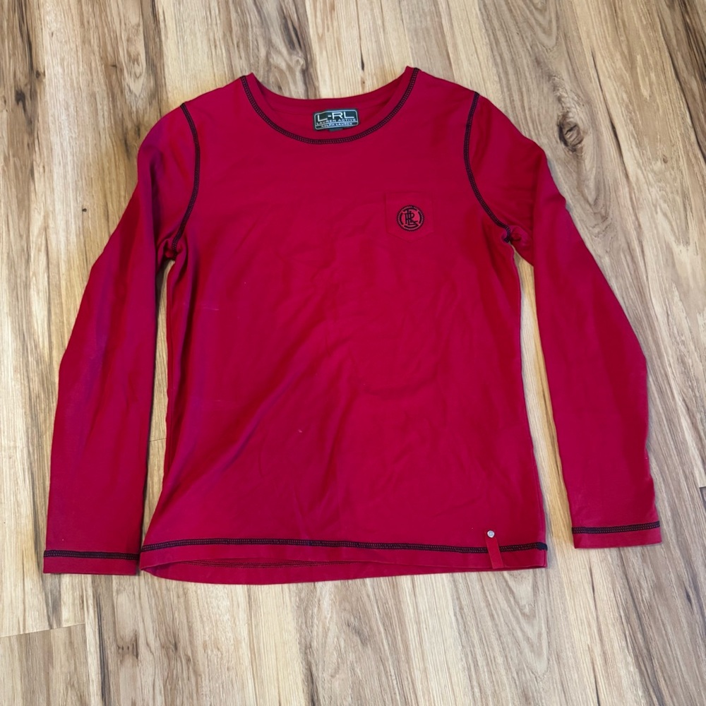 Lauren Ralph Lauren Active Shirt Long Sleeve Red Monogram Pocket Women’s Medium